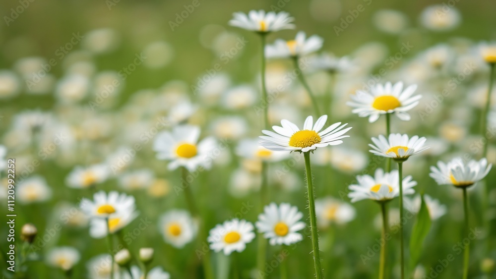 Stunning Spring Meadow, Close-Up View of Blooming Daisies and Chamomile Flowers in a Lush Green Field, Nature Background Stunning Spring Meadow, Close-Up View of Blooming Daisies and Chamomile Flowers in a Lush Green Field, Nature Background