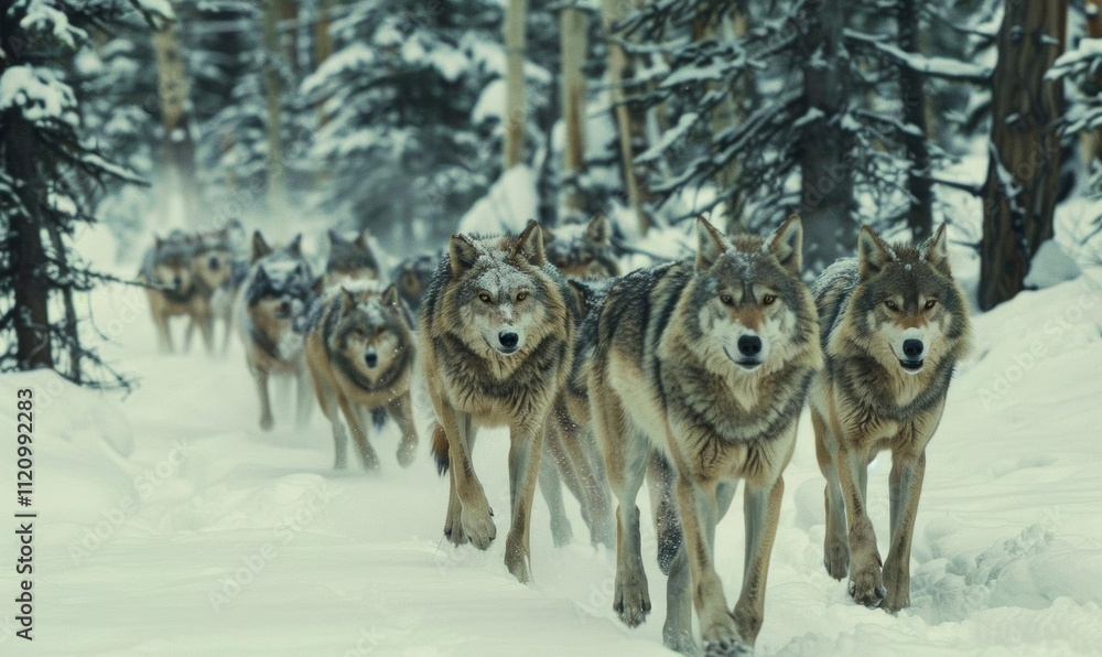 A pack of wolves traversing a snowy forest landscape. A pack of wolves traversing a snowy forest landscape.