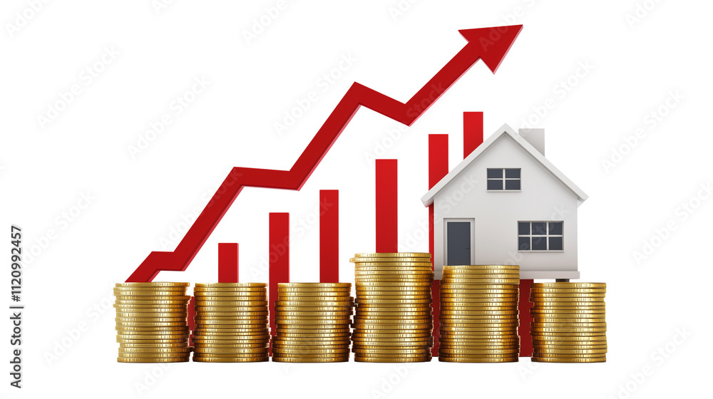 House and red arrow pointing up on a stack of coins, a real estate concept.PNG format Background. Generative AI, House and red arrow pointing up on a stack of coins, a real estate concept.PNG format Background. Generative AI,