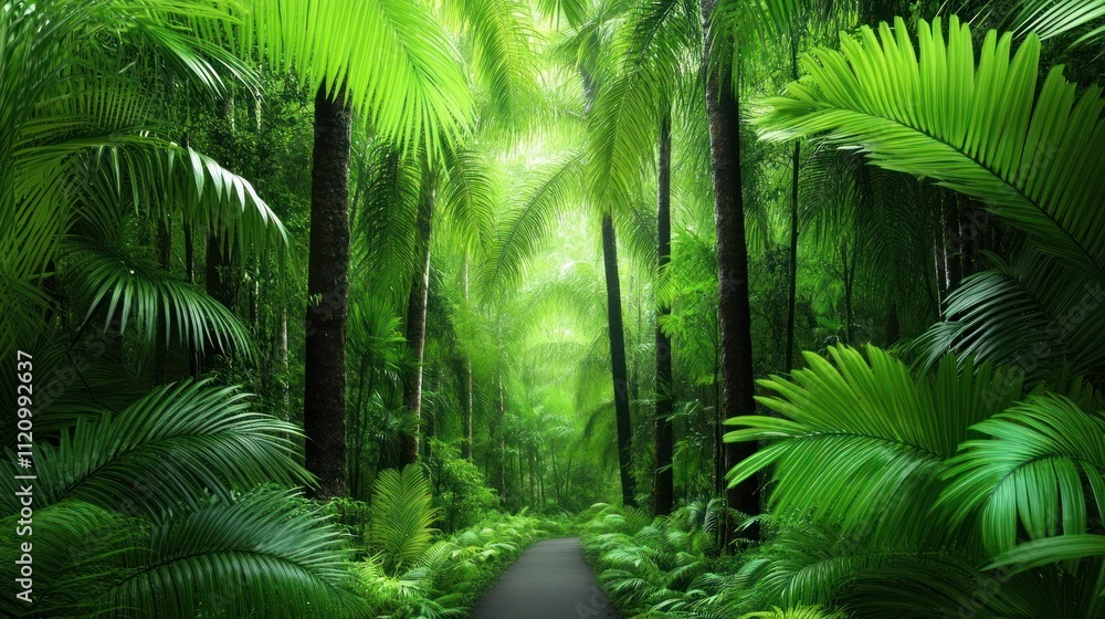 Lush green pathway through a dense tropical forest. Lush green pathway through a dense tropical forest.