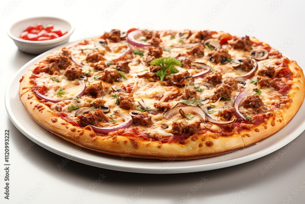Delicious meat lovers pizza with onions, mushrooms, and cheese. Delicious meat lovers pizza with onions, mushrooms, and cheese.