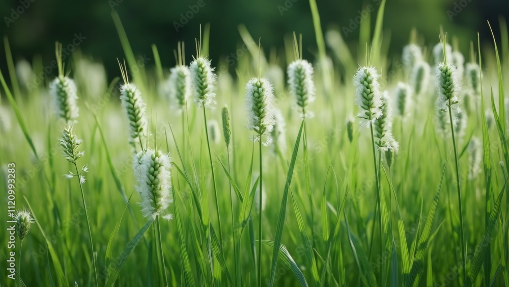 Serene Garden, Tall Grass with Fluffy White Flowers Swaying in Gentle Breeze Serene Garden, Tall Grass with Fluffy White Flowers Swaying in Gentle Breeze