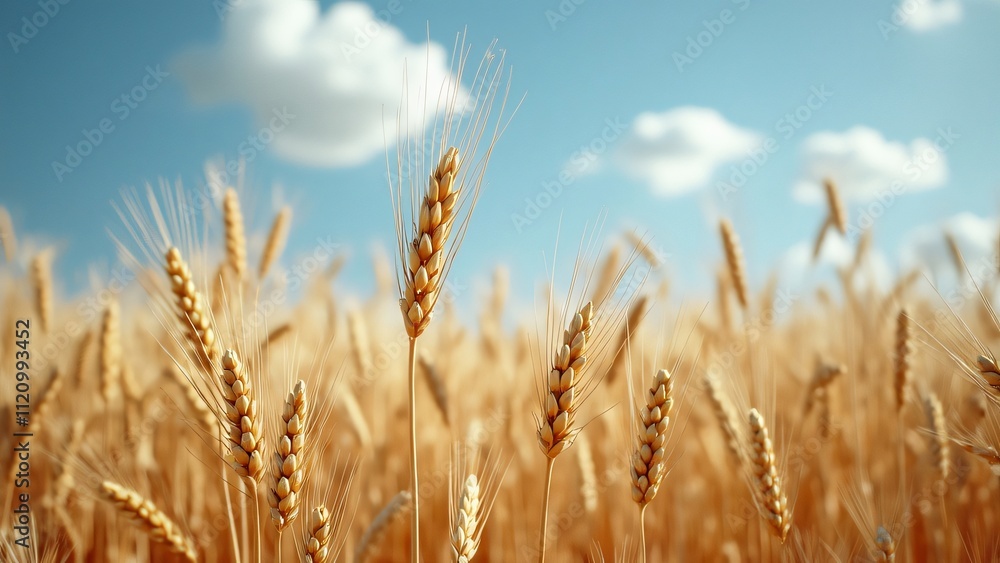 Golden Wheat Field, Close-up of Ripe Wheat Stalks Swaying Gently in a Summer Breeze Under a Blue Sky with Fluffy White Clouds. Detailed Texture of Wheat Grains and Leaves, Capturing the Golden Wheat Field, Close-up of Ripe Wheat Stalks Swaying Gently in a Summer Breeze Under a Blue Sky with Fluffy White Clouds. Detailed Texture of Wheat Grains and Leaves, Capturing the