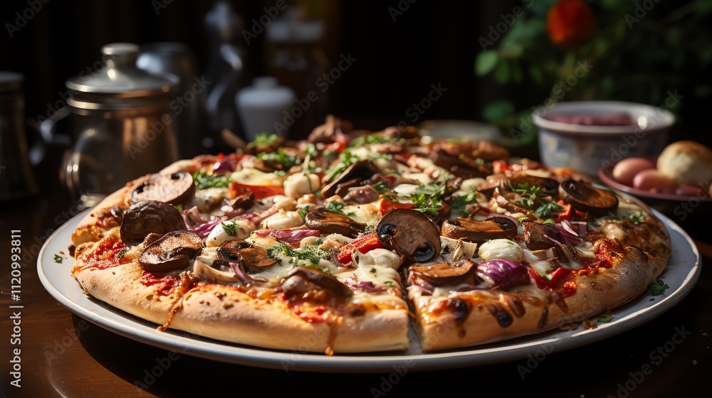 Delicious mushroom and cheese pizza on a wooden table. Delicious mushroom and cheese pizza on a wooden table.
