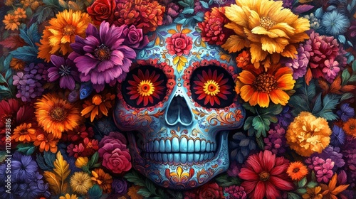 Wallpaper Mural Colorful skull surrounded by vibrant flowers  Torontodigital.ca
