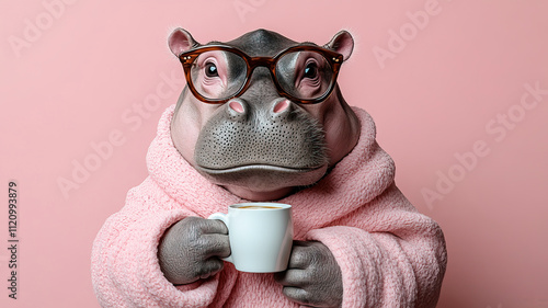 Cute hippo wearing knitted sweater and holding a white mug of hot latte, staring directly at the camera on a pink background, World Hippo Day.