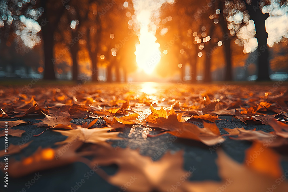 Sunlit autumn path strewn with fallen maple leaves. Sunlit autumn path strewn with fallen maple leaves.