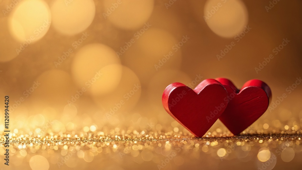 Romantic Red Wooden Hearts on Golden Glitter, Valentine's Day, Wedding, Love Concept Romantic Red Wooden Hearts on Golden Glitter, Valentine's Day, Wedding, Love Concept