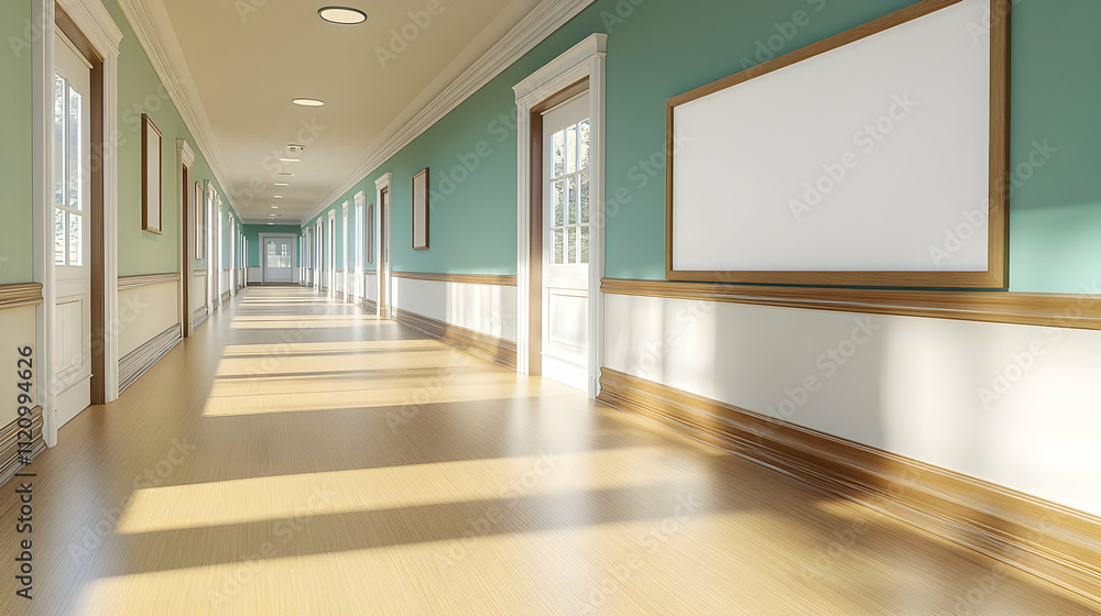 Sunlit hallway with doors, wood floor, and blank sign. Sunlit hallway with doors, wood floor, and blank sign.