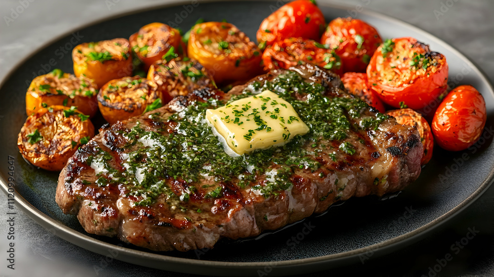 Grilled Steak with Roasted Tomatoes and Yellow Peppers - Food Photography Grilled Steak with Roasted Tomatoes and Yellow Peppers - Food Photography