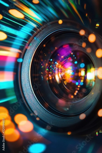 A close-up of a camera lens surrounded by vibrant light trails.