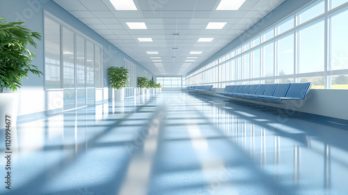 Sunlit hospital corridor with plants and seating.