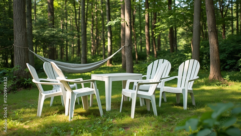 Serene Summer Patio, White Plastic Chairs & Table in a Lush Forest Setting with Hammock Serene Summer Patio, White Plastic Chairs & Table in a Lush Forest Setting with Hammock