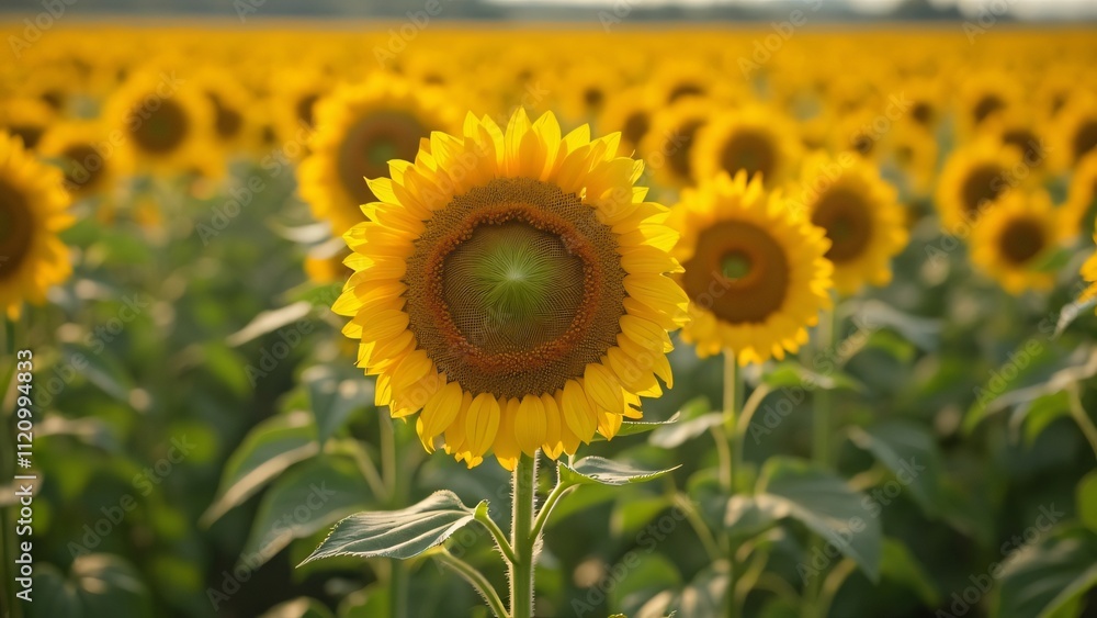 Obraz premium Stunning Field of Sunflowers at Sunset, Vibrant Yellow Blooms in a Lush Green Field, Full Shot Stock Photo