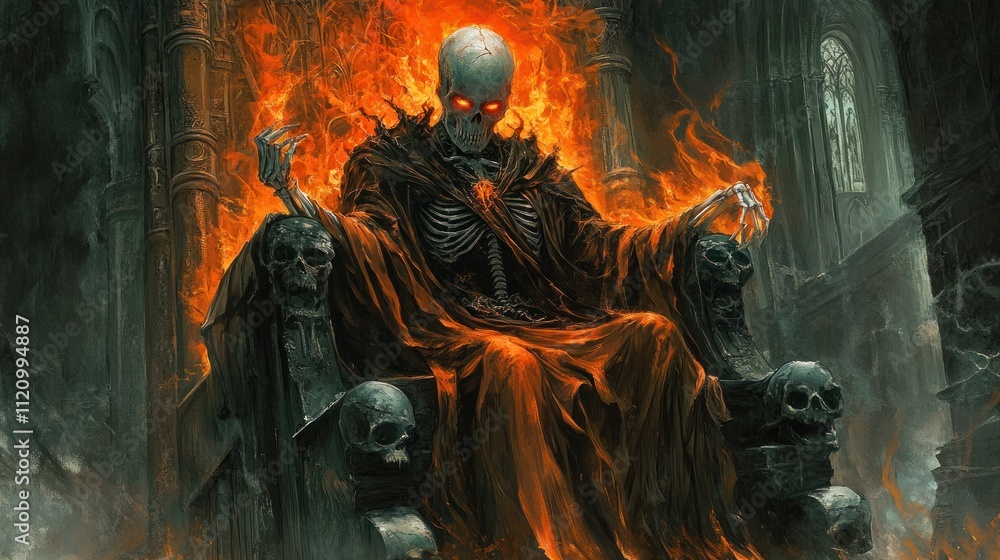 Fototapeta premium A skeletal figure on a throne surrounded by flames