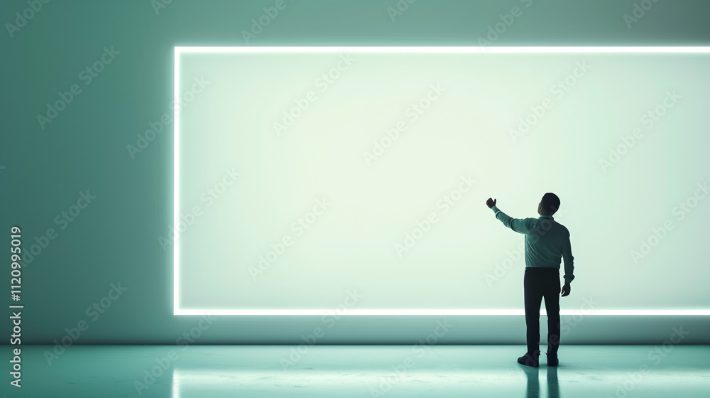 Man presenting on clear digital frame against green wall, interactive display concept. Man presenting on clear digital frame against green wall, interactive display concept.