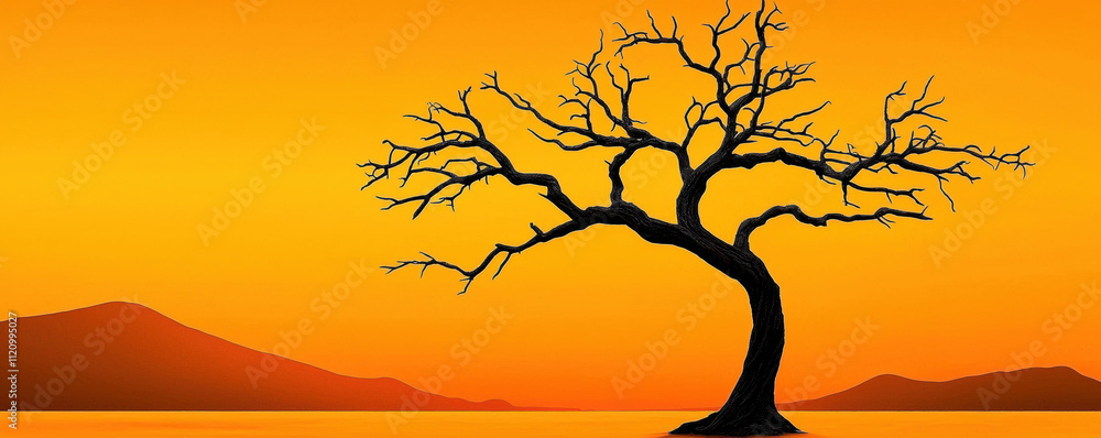 Climate change wildlife crisis concept. A solitary tree silhouetted against a vibrant orange sunset, set over tranquil water and distant mountains, creating a serene and picturesque landscape. Climate change wildlife crisis concept. A solitary tree silhouetted against a vibrant orange sunset, set over tranquil water and distant mountains, creating a serene and picturesque landscape.