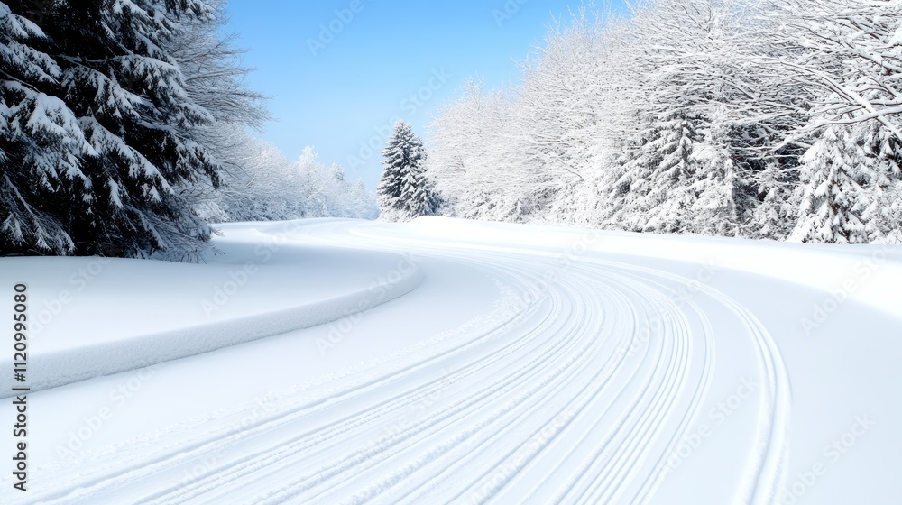 Fototapeta premium Snow-covered landscape with ski tracks winding through trees.