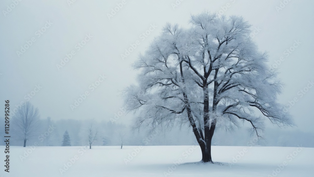 Fototapeta premium Majestic Snow-Covered Tree in a Foggy Winter Field, Serene Landscape Photography