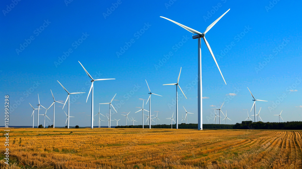 Wind turbines in a field against a clear sky. Wind turbines in a field against a clear sky.