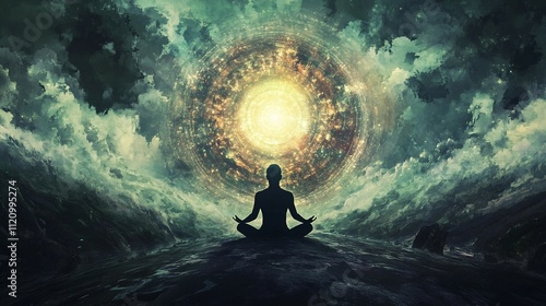 a person sitting in a lotus position in front of a sky filled with clouds