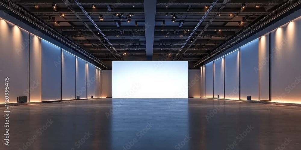 Spacious modern exhibition hall with a large open ceiling showcasing a bright blank wall, ideal for presentations or art displays Spacious modern exhibition hall with a large open ceiling showcasing a bright blank wall, ideal for presentations or art displays