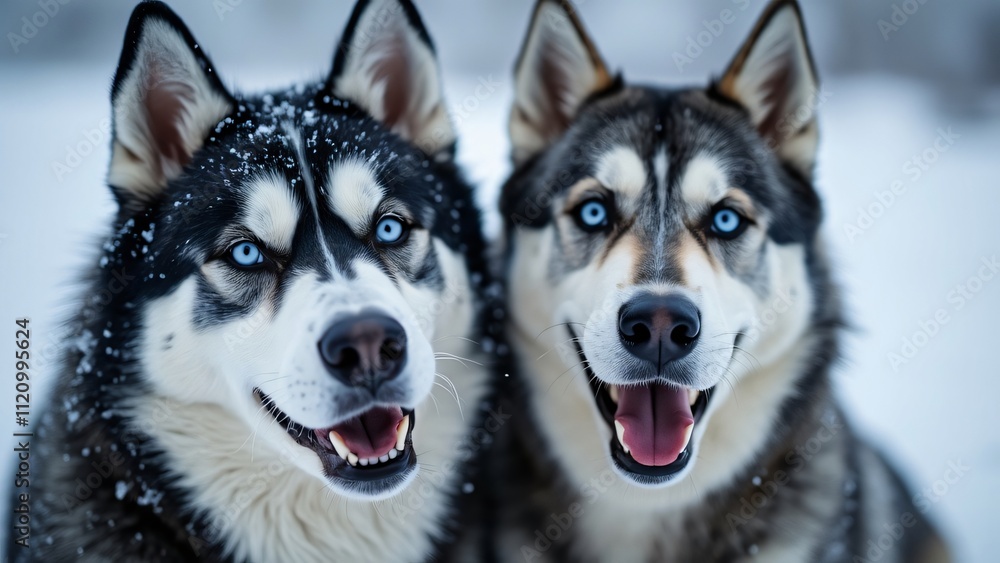 Two Adorable Huskies in Snowy Wonderland, Close-up of a Black and White Husky with Striking Blue Eyes and a Greyish-Blue Husky with Brown Eyes, Both Joyfully Posing in a Winter Setting. Two Adorable Huskies in Snowy Wonderland, Close-up of a Black and White Husky with Striking Blue Eyes and a Greyish-Blue Husky with Brown Eyes, Both Joyfully Posing in a Winter Setting.