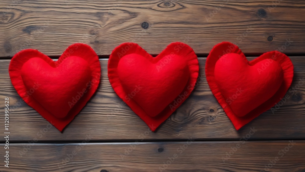 Three Red Felt Hearts on Rustic Wooden Background, Valentine's Day Flat Lay Photography Three Red Felt Hearts on Rustic Wooden Background, Valentine's Day Flat Lay Photography