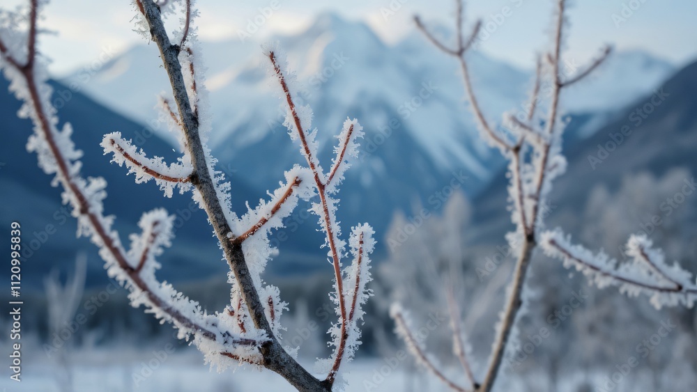 Close-up of Frosty Branches Against Snow-Covered Mountain Background, Winter Wonderland Scene Close-up of Frosty Branches Against Snow-Covered Mountain Background, Winter Wonderland Scene