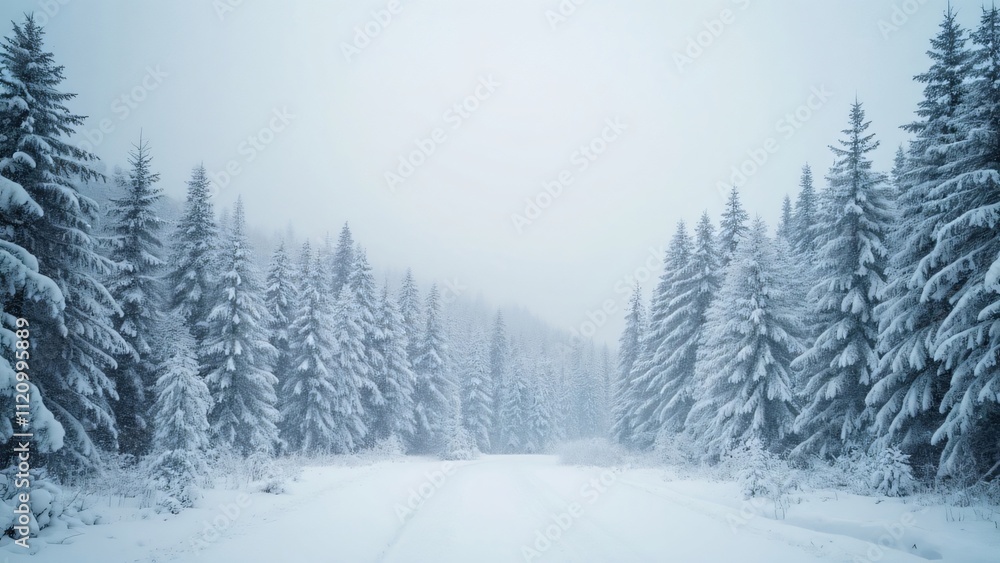 Snowy Forest Winter Landscape, Pristine Snow-Covered Trees, White Sky, and Blank Space for Text Snowy Forest Winter Landscape, Pristine Snow-Covered Trees, White Sky, and Blank Space for Text