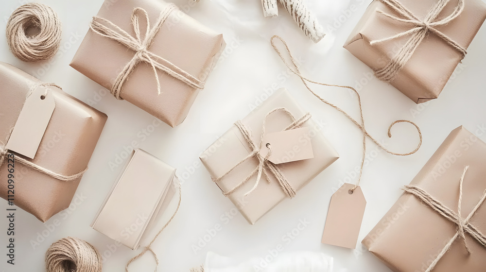 Flatlay of several beige wrapped gifts tied with twine and blank gift tags. Rustic and minimalist aesthetic. Perfect for blogs, websites or social media. Flatlay of several beige wrapped gifts tied with twine and blank gift tags. Rustic and minimalist aesthetic. Perfect for blogs, websites or social media.