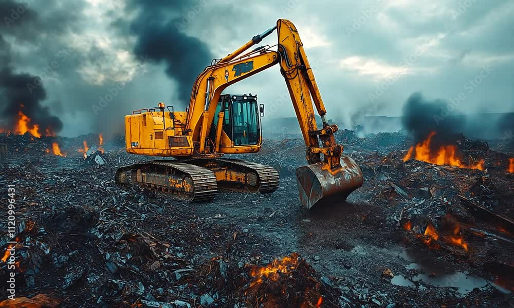 Excavator working on a debris-filled construction site. Excavator working on a debris-filled construction site.