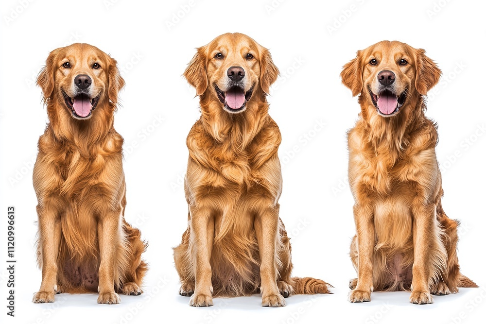 High-quality collection of three joyful golden retrievers isolated on a white backdrop. Generative Ai