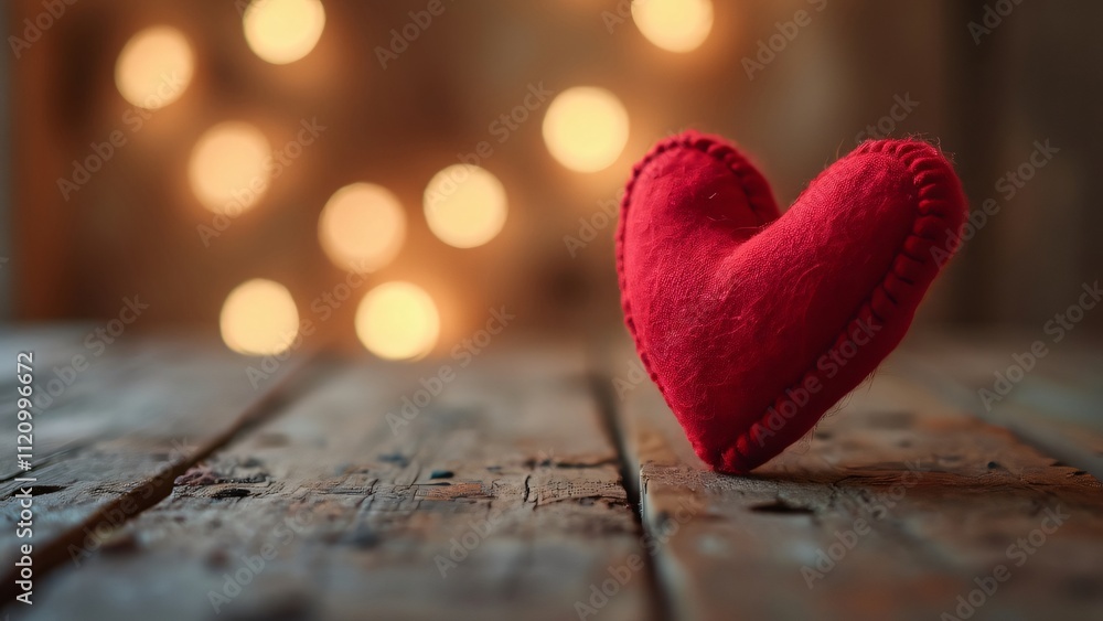 Fototapeta premium Romantic Valentine's Day, Red Felt Heart on Rustic Wooden Table with Bokeh Lights