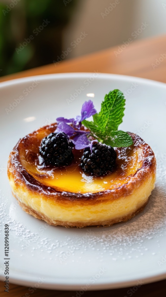 pastel de nata with blackberries and mint on a white plate. pastel de nata with blackberries and mint on a white plate.