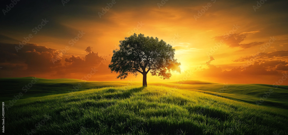 Solitary Tree at Sunset. A single tree stands tall on a grassy hill, silhouetted against a vibrant sunset,evokes a sense of peace, resilience, and the beauty of nature. Generative ai illustration. Solitary Tree at Sunset. A single tree stands tall on a grassy hill, silhouetted against a vibrant sunset,evokes a sense of peace, resilience, and the beauty of nature. Generative ai illustration.