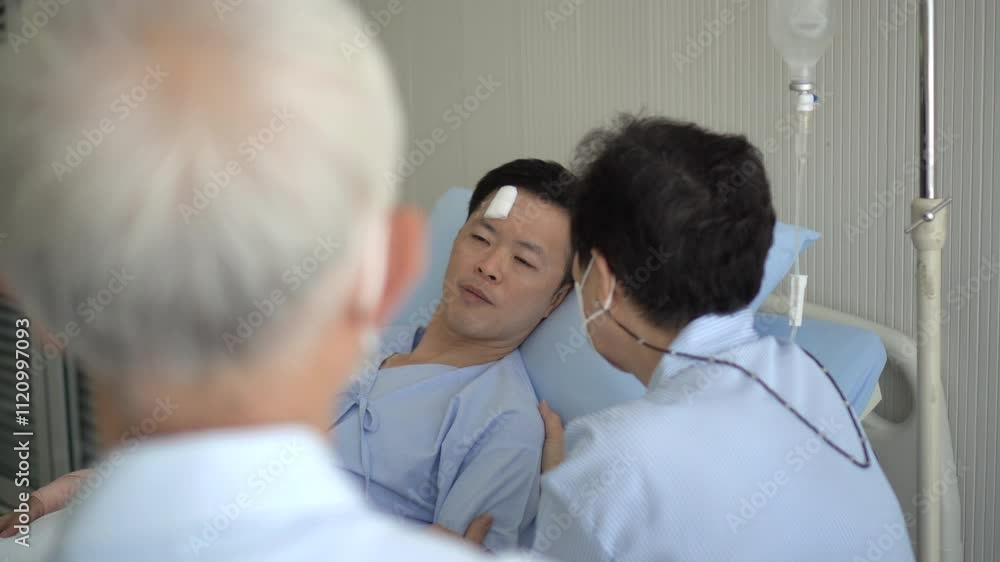 Asain senior parent visit adult son hurt from accident in hospital admission family love Asain senior parent visit adult son hurt from accident in hospital admission family love
