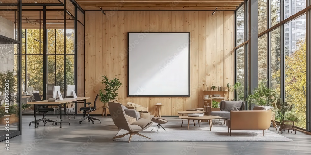 Modern Interior of a Stylish Office Space Featuring a Large Empty White Poster Frame on a Wooden Wall Surrounded by Elegant Furniture and Plants Modern Interior of a Stylish Office Space Featuring a Large Empty White Poster Frame on a Wooden Wall Surrounded by Elegant Furniture and Plants