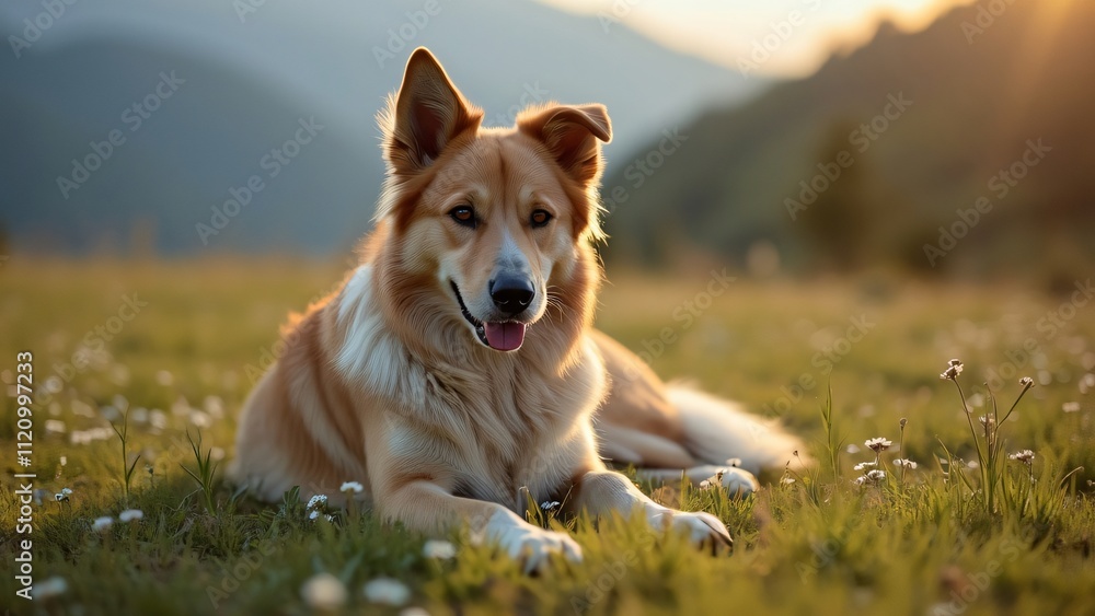 Gorgeous Fluffy Dog Relaxing in Eastern Bulgarian Mountains, Golden Hour Meadow Scene Gorgeous Fluffy Dog Relaxing in Eastern Bulgarian Mountains, Golden Hour Meadow Scene