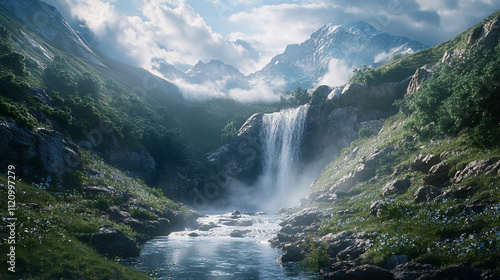 Majestic waterfall cascading in a serene mountain valley with lush greenery