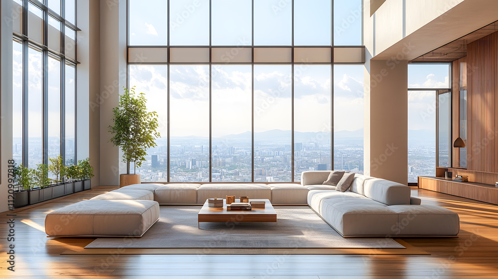Zoom background: a modern penthouse living room with large windows Zoom background: a modern penthouse living room with large windows