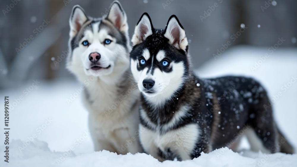 Two Adorable Huskies in Snowy Wonderland, Blue-Eyed Black & White Husky Dogs Playing in Winter Two Adorable Huskies in Snowy Wonderland, Blue-Eyed Black & White Husky Dogs Playing in Winter