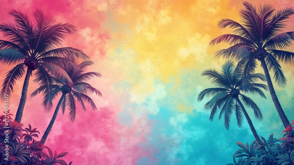 Vibrant Tie-Dye Tropical Background, Pink, Yellow, Blue Palm Trees Sunset Vibrant Tie-Dye Tropical Background, Pink, Yellow, Blue Palm Trees Sunset
