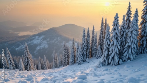 Breathtaking Sunset Over Snow-Covered Carpathian Mountains, Majestic Winter Landscape with Icy Trees and Pristine Snow