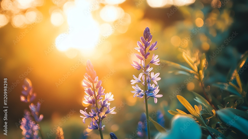 Beautiful purple flowers basking in golden sunlight during sunset in a tranquil garden setting Beautiful purple flowers basking in golden sunlight during sunset in a tranquil garden setting