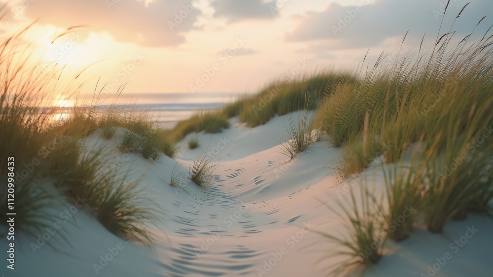 Serene Coastal Dunes at Sunset, Northern Germany Beach Scenery with Tall Grasses and White Sand Serene Coastal Dunes at Sunset, Northern Germany Beach Scenery with Tall Grasses and White Sand