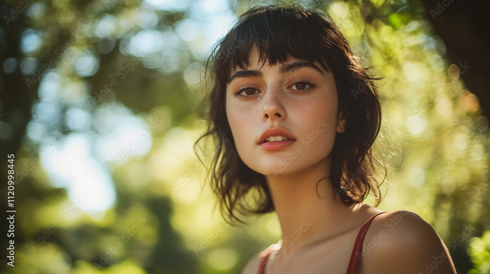 Young woman with short dark hair enjoys a sunny day in a natural setting