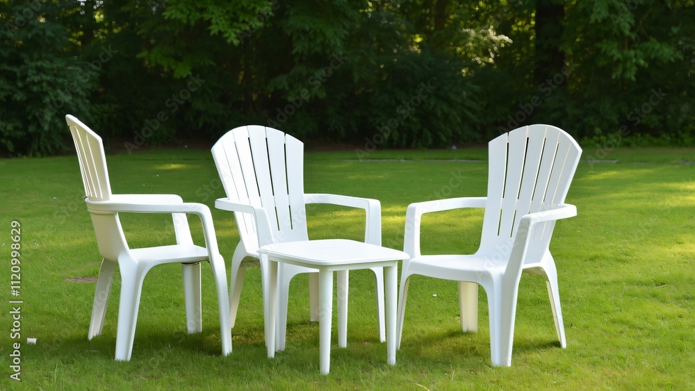 White Plastic Chairs and Table on Green Grass in a Garden Setting White Plastic Chairs and Table on Green Grass in a Garden Setting
