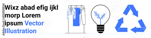 Clothes on hangers, light bulb with tree, and recycling symbol highlight sustainable fashion and innovation. Ideal for eco-fashion brands, sustainability campaigns, eco-friendly initiatives