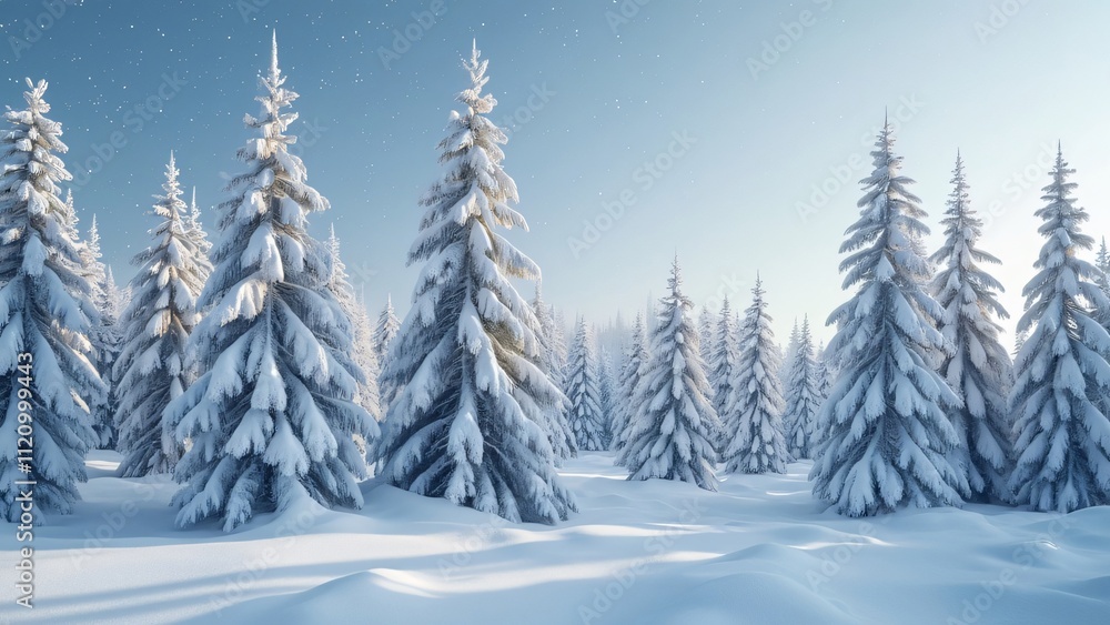 Fototapeta premium Serene Scandinavian Snow-Covered Pine Forest, Winter Wonderland Landscape